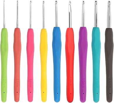 Set of 9 Crochet Hooks in Different Sizes, Crochet Hooks, Multicolored Aluminum Crochet Needles, 2mm  6mm, Ergonomic Knitting Needles Soft Non-Slip Rubber Grips