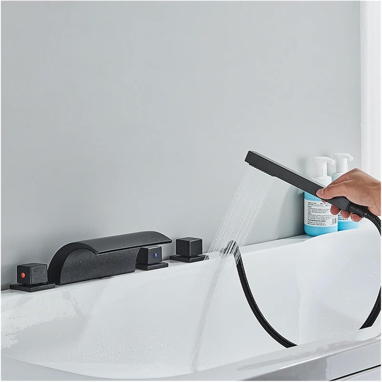 LED Waterfall Bathtub Faucet Widespread Tub Sink Faucet Three Handles Hot Cold Water Mixer Shower Faucet Bath Shower(Matte Black A)