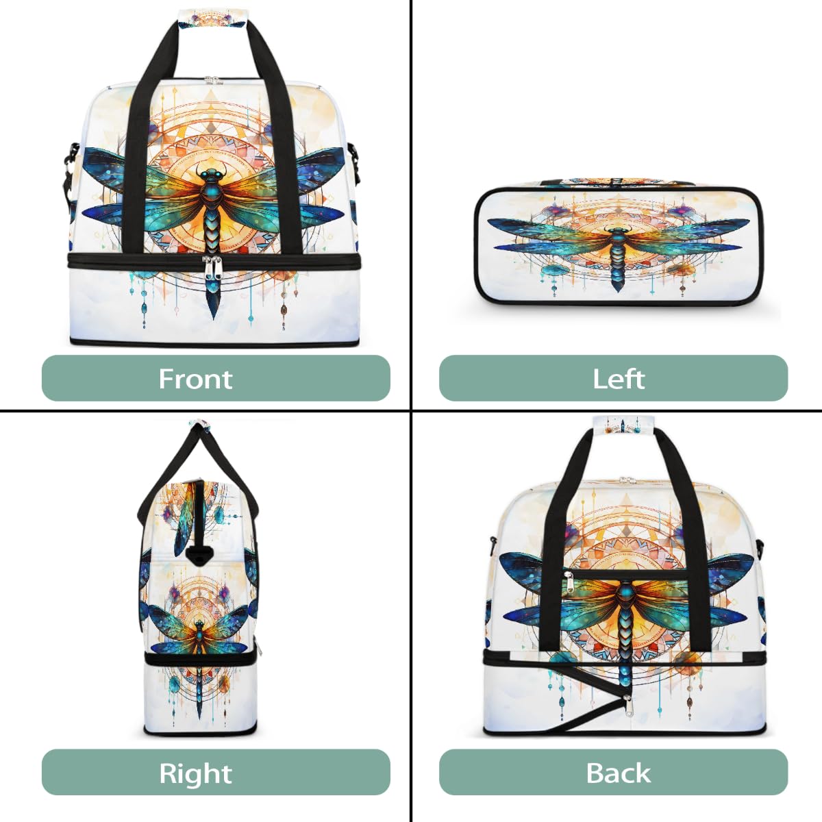 Borsone da viaggio pieghevole con motivo mandala psichedelico, borsa da palestra espandibile con scomparto per scarpe, grande capacità, borsa da weekender, borsa da viaggio, sport, viaggi notturni
