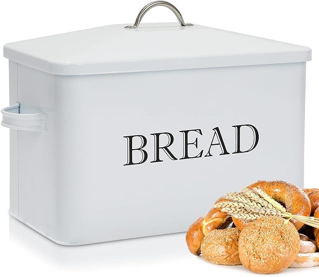 Rectangular Bread Bin, Metal Bread Box with Lid, Kitchen Food Storage Box, Farmhouse Bread Holder, Countertop Bread Container,Vertical Breadbox,Holds 2 Loaves,White with Bread Lettering,33x18 x20cm