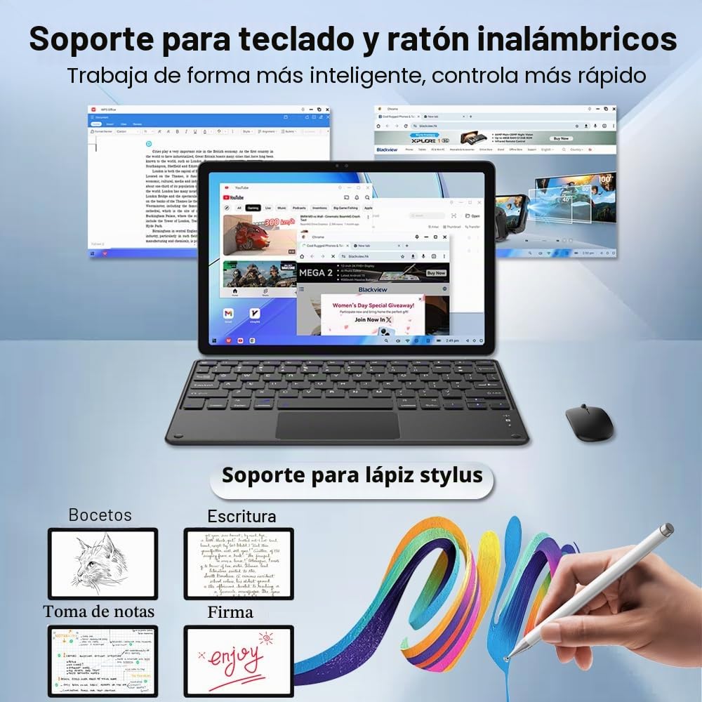 Blackview ZENO 10 5G Tablet con Teclado y Ratón,24GB+256GB/2TB TF Android 15, 2K FHD+ Gaming Tablet 11 Pulgadas,8800mAh,16MP+13MP, 4G LTE/5G WiFi/Modo PC/OTG/Widevine L1/Funda+lápiz Inteligente, Negro