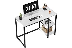 SINPAID 40-Inch White Marble Computer Desk with 2-Tier Shelves
