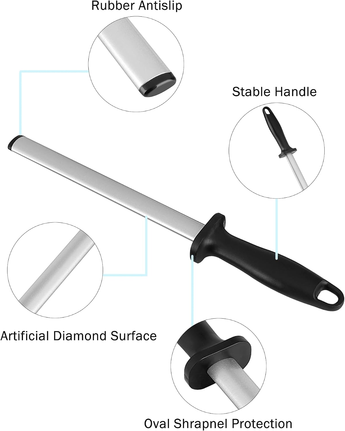 Knife Sharpener Rod, 8 Inch Diamond Sharpening Steel, Kitchen Honing Rod Knife Sharpening Tool for Home Kitchens and Restaurants