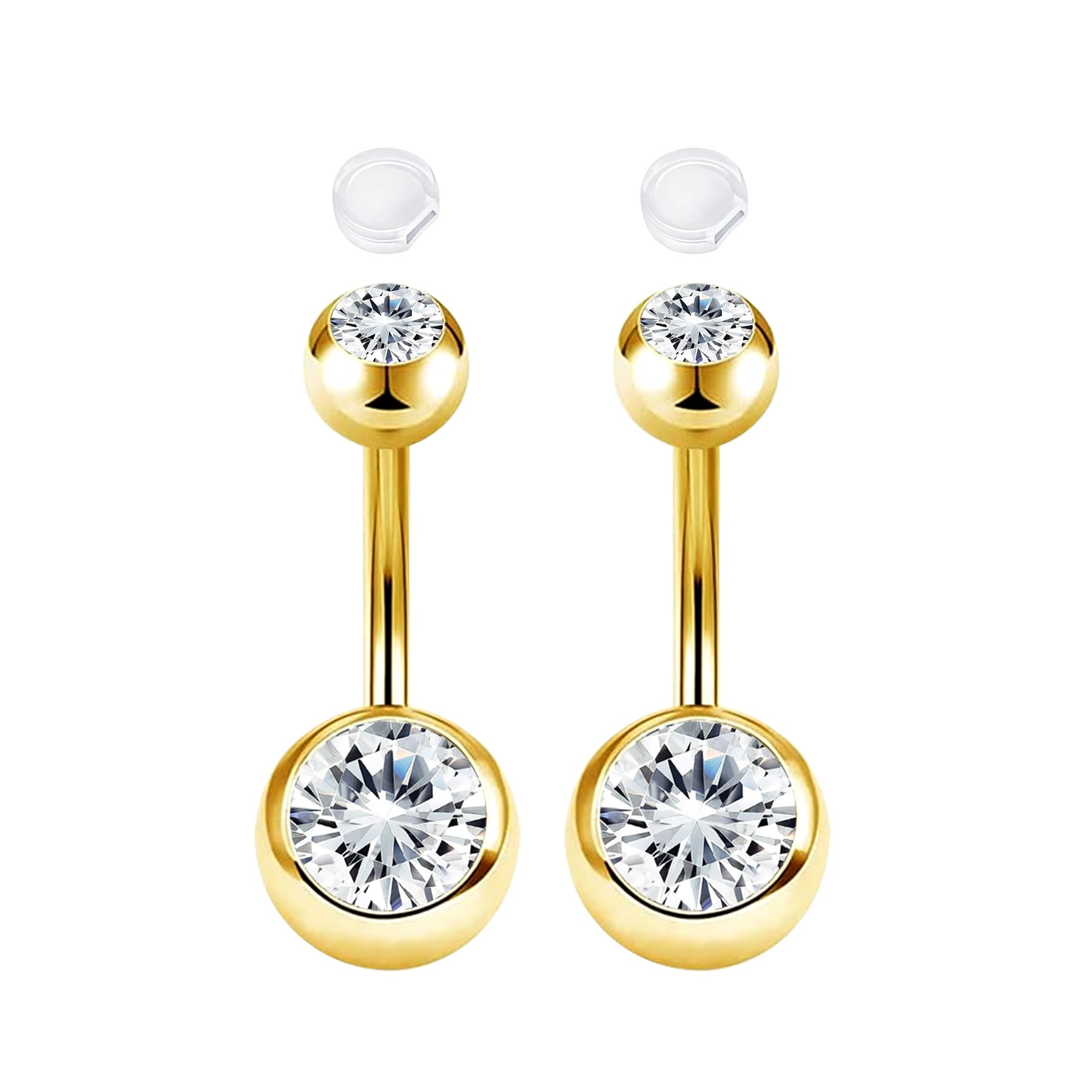 AceFun 2 piezas piercing ombligo acero quirúrgico 6mm-16mm oro plata con fundas silicona antideslizantes CZ rosca exterior