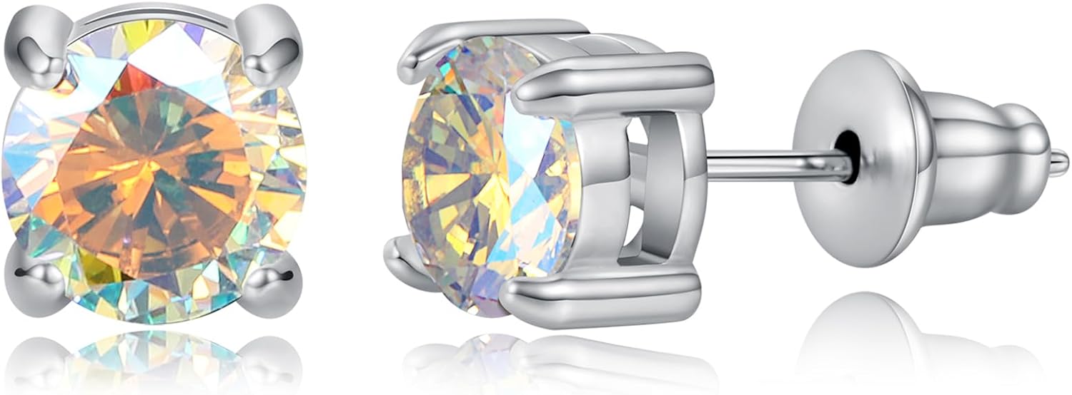 Titanium Special Rainbow CZ Screw Back Earrings Hypoallergenic for Sensitive Ears