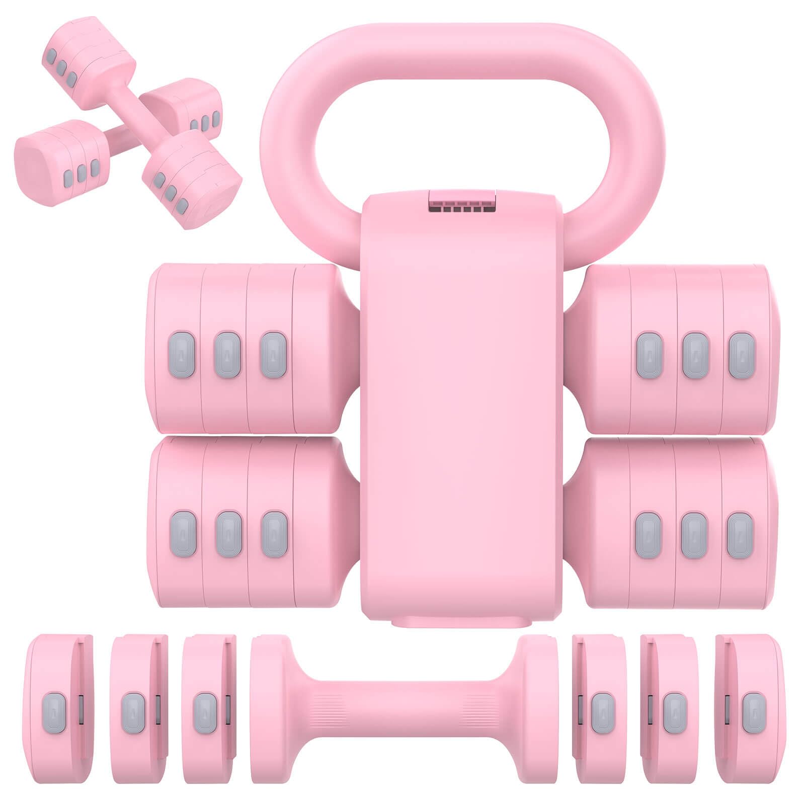 Tepemccu 2-in-1 Adjustable Dumbbells & Kettlebell Set, 4-Level (1-2.5kg) Home Gym Weights | All-in-One Strength Training Tool for Men & Women | Space Saving Free Weights for Full Body Workout (Pink)
