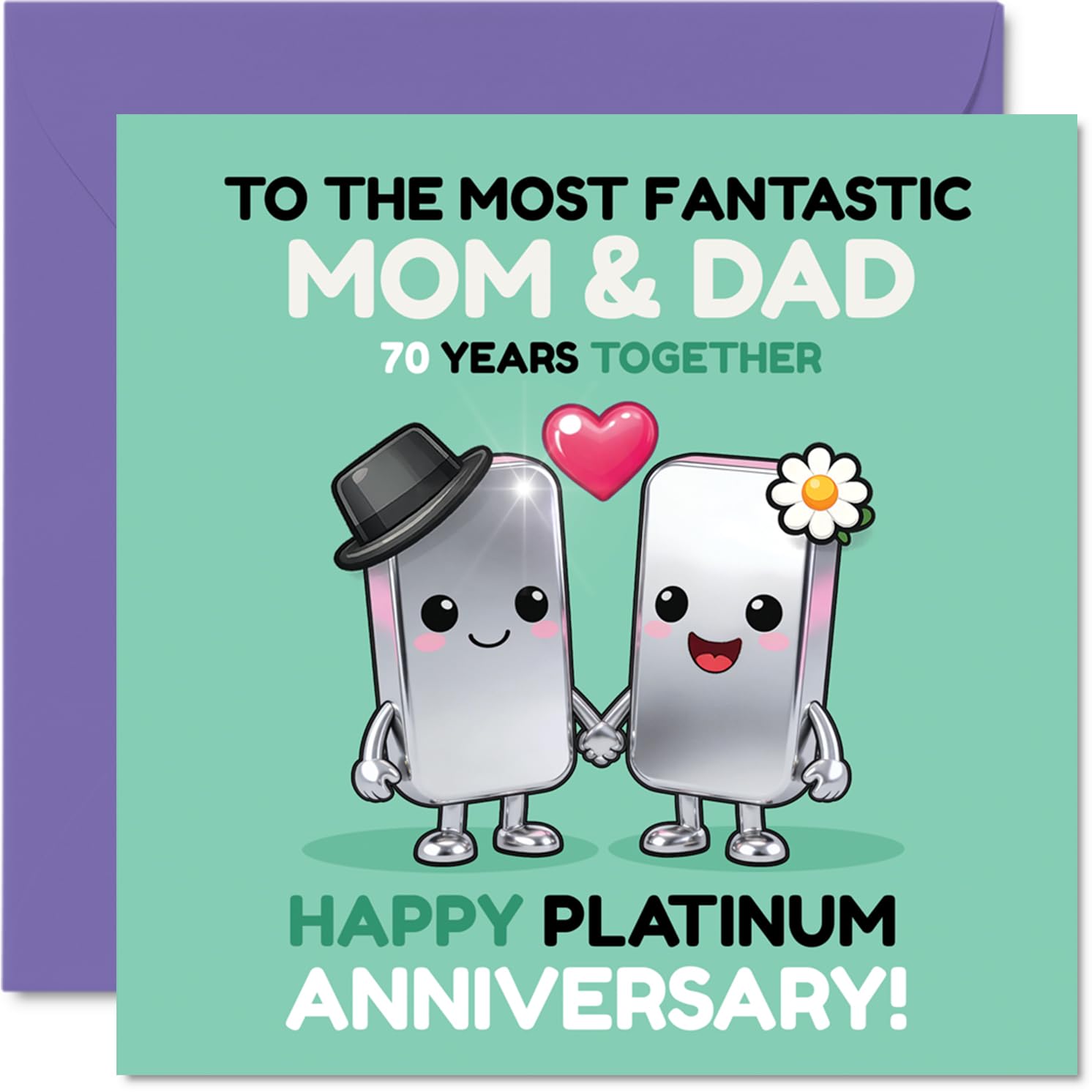 Sentimental 70th Anniversary Card for Mum & Dad - Cheers to 70 Years - Playful Cartoon Couple Celebrating Platinum Anniversary - 145mm Square, Envelope Included
