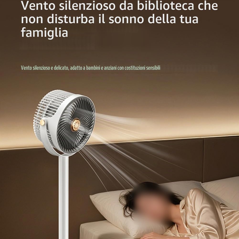 Ventilatore a piedistallo, 28–86,5 cm, regolabile, silenzioso, oscillazione a 360°, 5 velocità, 4000 mAh, ricaricabile tramite USB-C, con funzione aromaterapia per l'uso in camera da