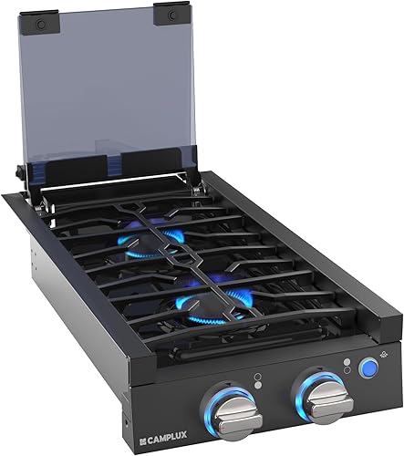 CAMPLUX Placa de cocina RV con 2 quemadores deslizables, estufa de propano con cubierta de vidrio templado, estufa de gas de 12 pulgadas con luz