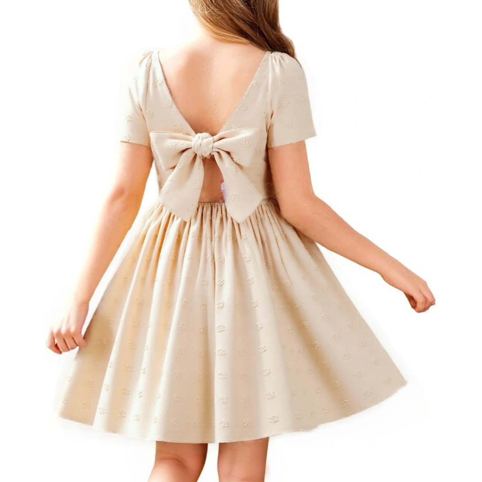 Young Girl Easter Dress Graduation Short Sleeve Summer Casual Tie Back Princess Style Dress