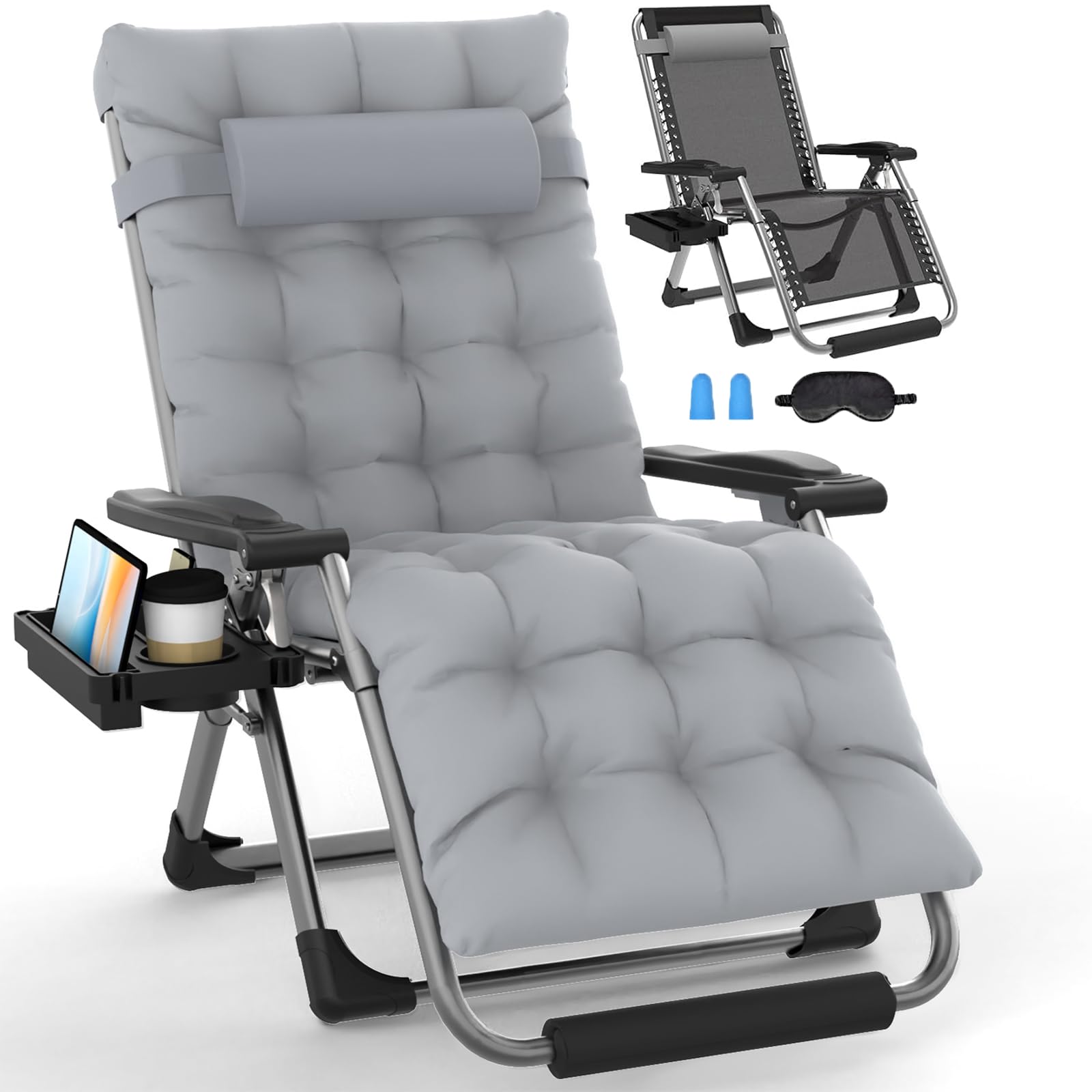 Slendor Oversized Zero Gravity Chair XL, Padded Anti Gravity Chair, 29in Zero Gravity Lounge Chair, Folding Reclining Chair w/Aluminum Alloy Lock, Headrest, Cup Holder, Support 440lbs, Gray