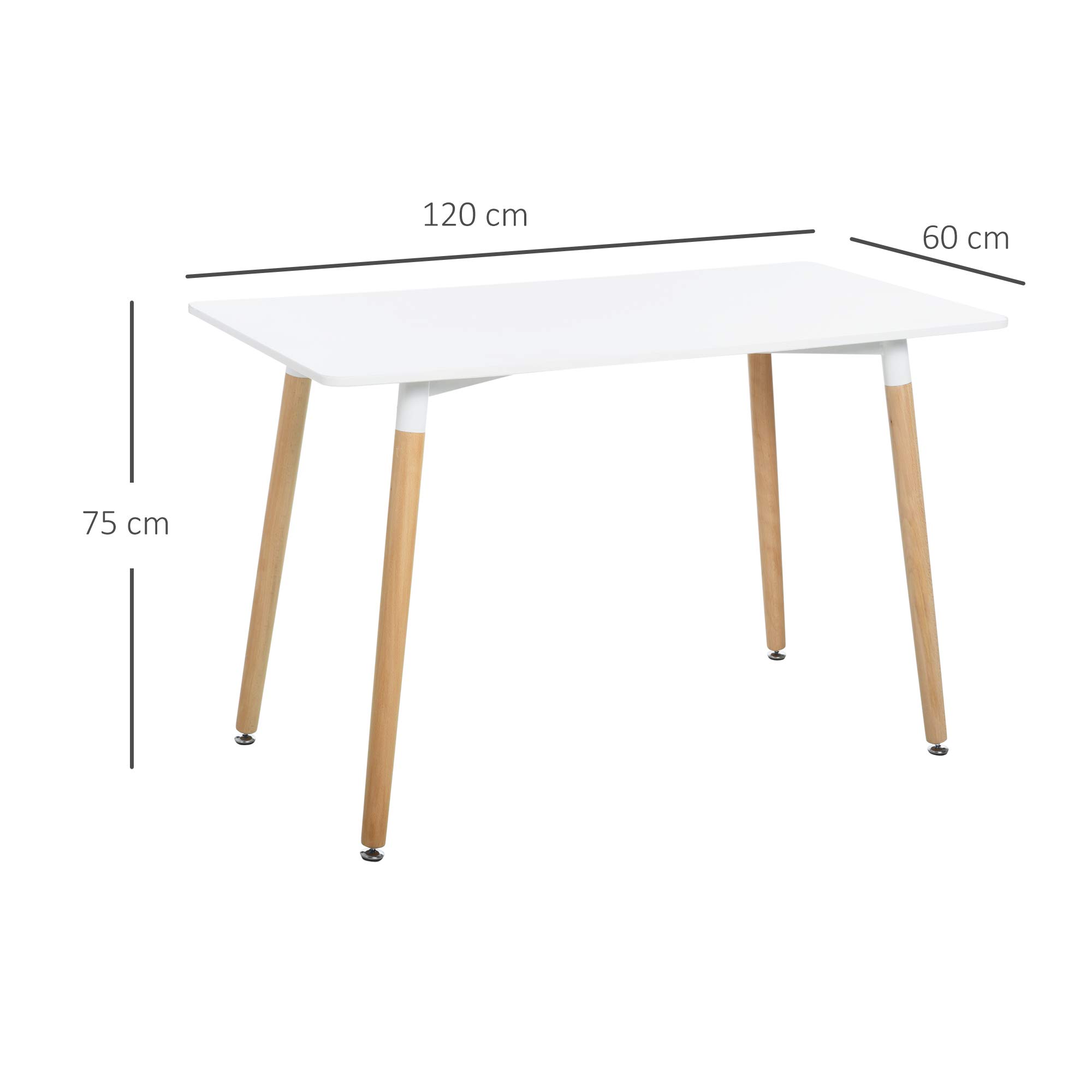 HOMCOM Mesa de Comedor Estilo Nórdico Mesa de Cocina 120x60x75 cm Blanco | Patas de Madera de Haya, Estructura de Metal