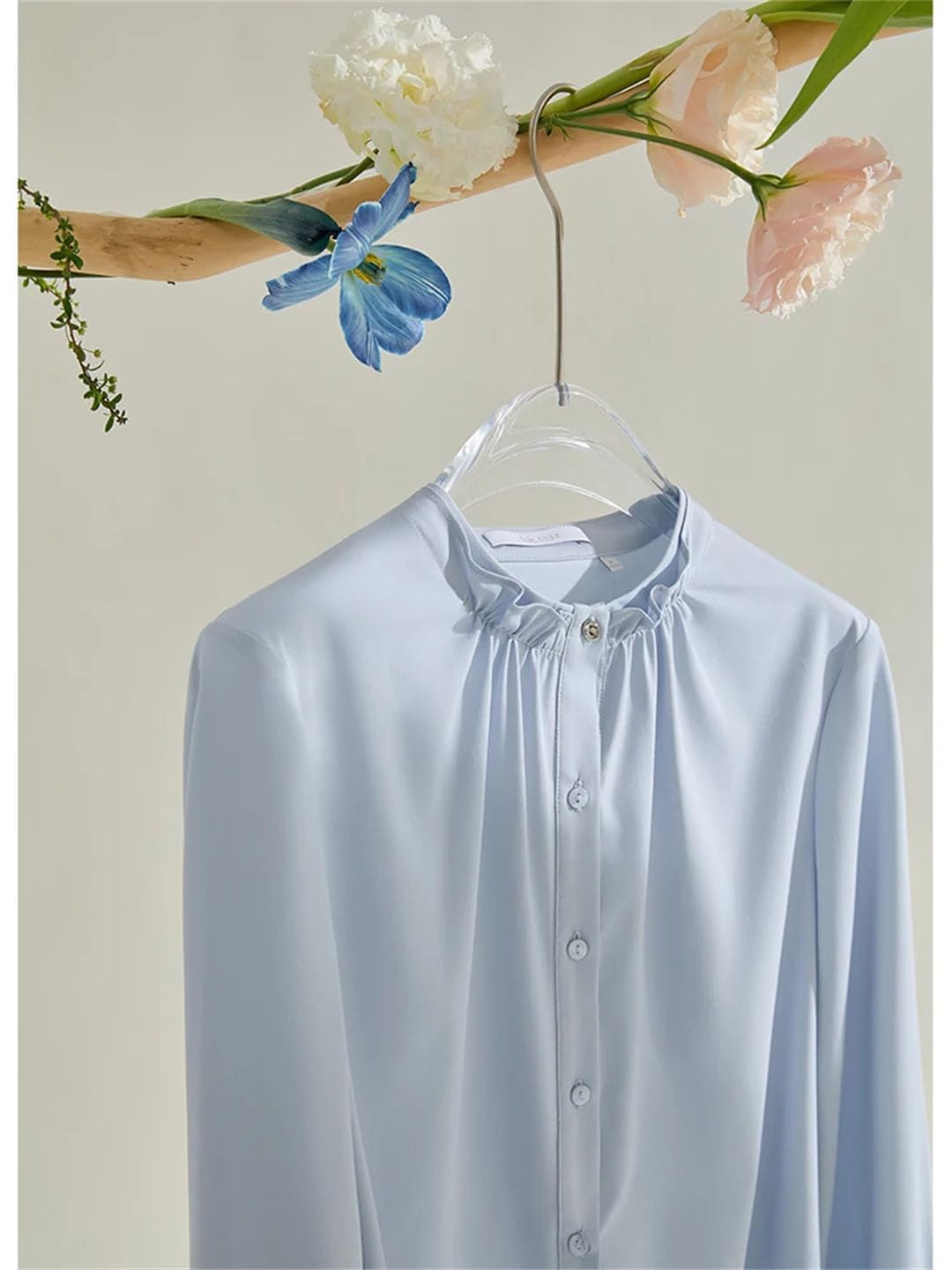 Blusa de manga larga con cuello de pétalo para mujer, diseño de cuello alto, camisa de oficina