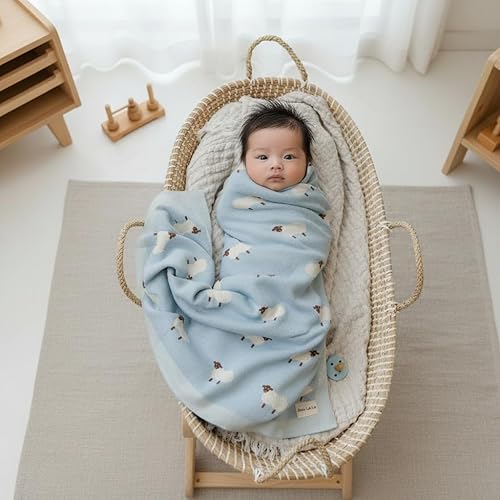 Miniatura 2 de Manta de punto para bebé para niños, 100% algodón, suave, acogedora, ligera, para recién nacidos, bebés y niños pequeños (oveja, azul bebé)