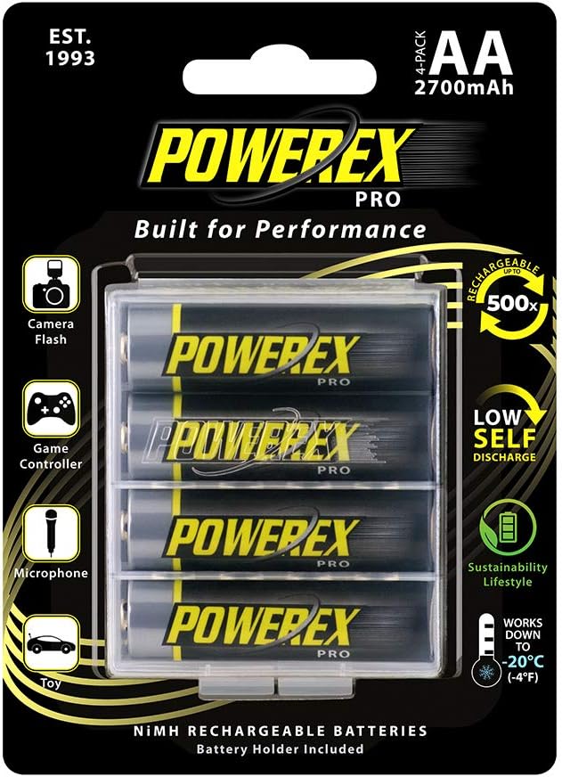 Powerex PRO High Capacity Rechargeable AA NiMH Batteries (1.2V, 2700mAh) - 4-Pack