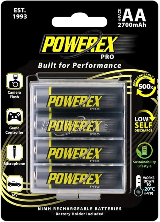 Powerex PRO High Capacity Rechargeable AA NiMH Batteries (1.2V, 2700mAh) - 4-Pack, (MHRAA4PRO)