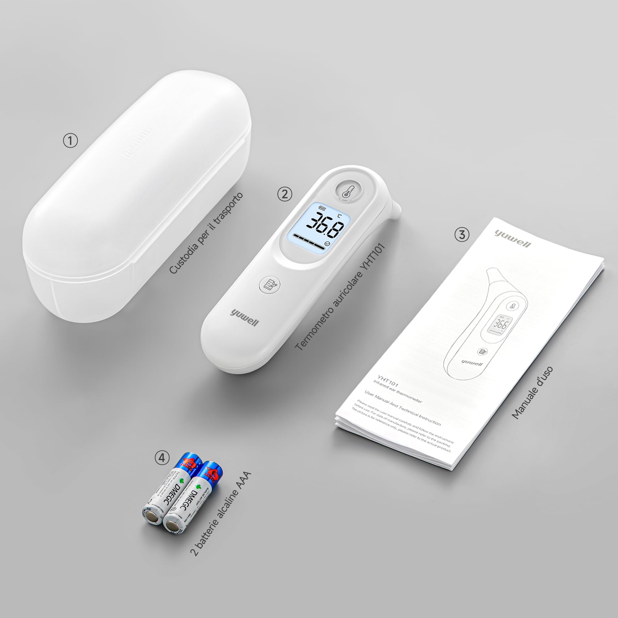 yuwell Termometro Digitale Adulti e Bambini | Termometro Auricolare a Uso Medico, Adatto per Neonati e Bambini | Misurazione in Secondi, Avviso di Temperatura Elevata, Display Ampio, 7 Memorie YHT101