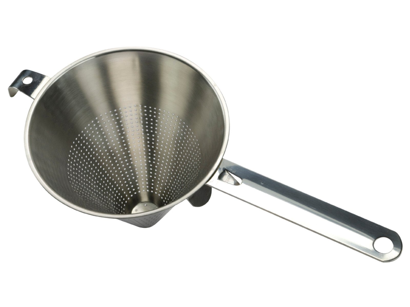 Colador chino de acero inoxidable de 24 cm de diámetro, robusto y práctico. El colador está hecho de malla fina y es ideal para filtrar caldos o pasadas.