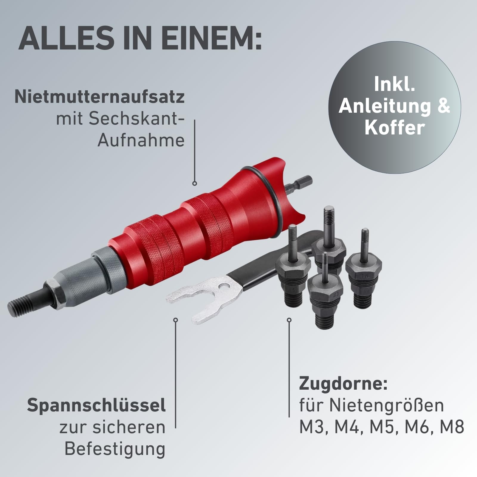 Nietmmutternaufsatz für Akkuschrauber & Bohrmaschine I Nietgerät für Nietmuttern aus Alu, Stahl & Edelstahl I Blindnietvorsatz für M3-M8 Muttern I Nietpistole Adapter