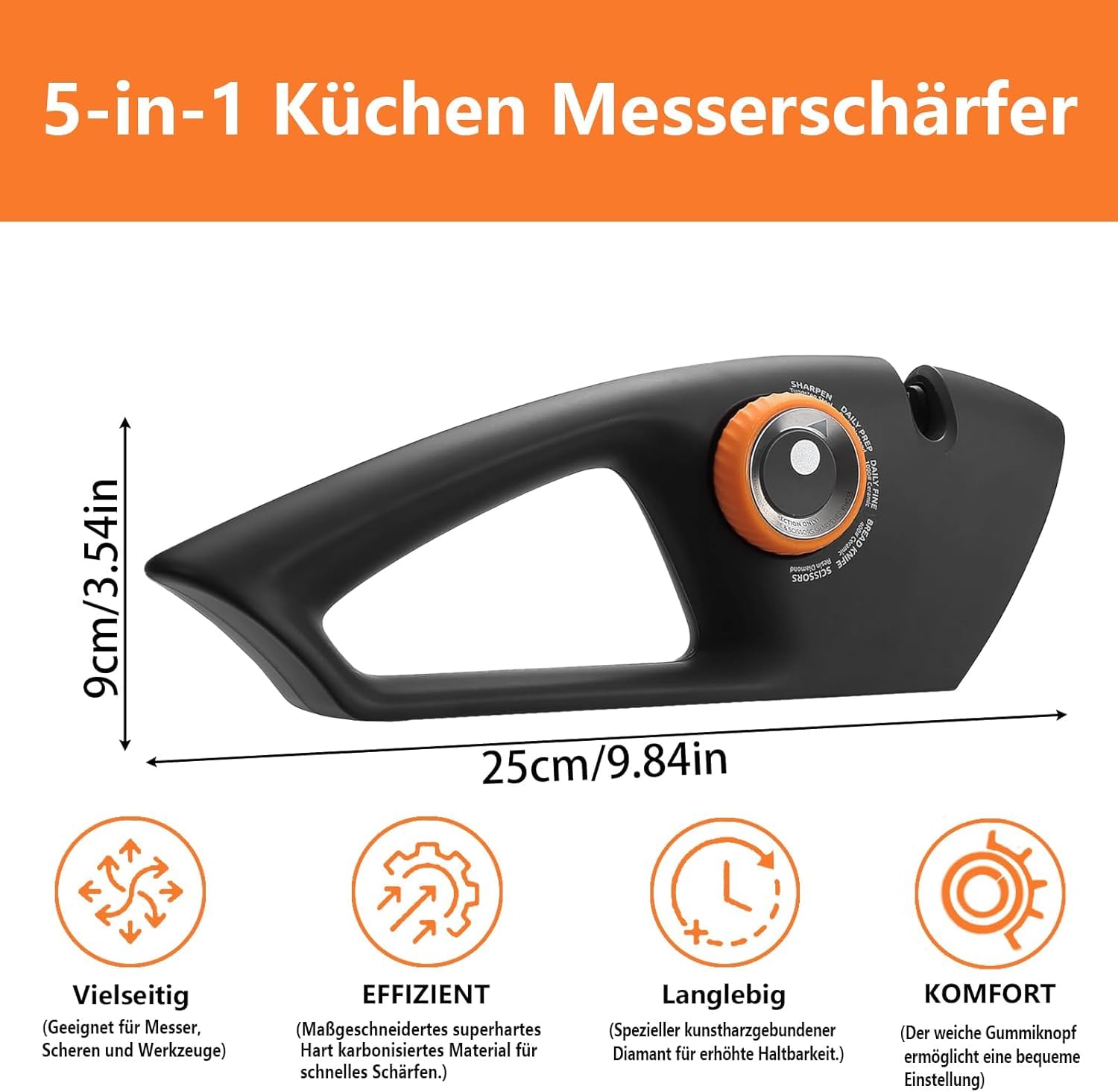 Messerschärfer, 5-in-1 Messerschleifer, Messerschärfer Profi mit ergonomischem Griff, Messer schleifer mit rutschfestem Gummi, Perfekt für Küchenprofis, Hobbyköche und Outdoor-Fans