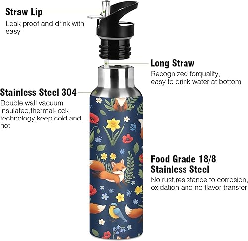 Miniatura 3 de Insulated Water Bottle 32 Oz, Leakproof Water Bottles for Gym Outdoor Travel School, Cute Foxes Colorful Flowers