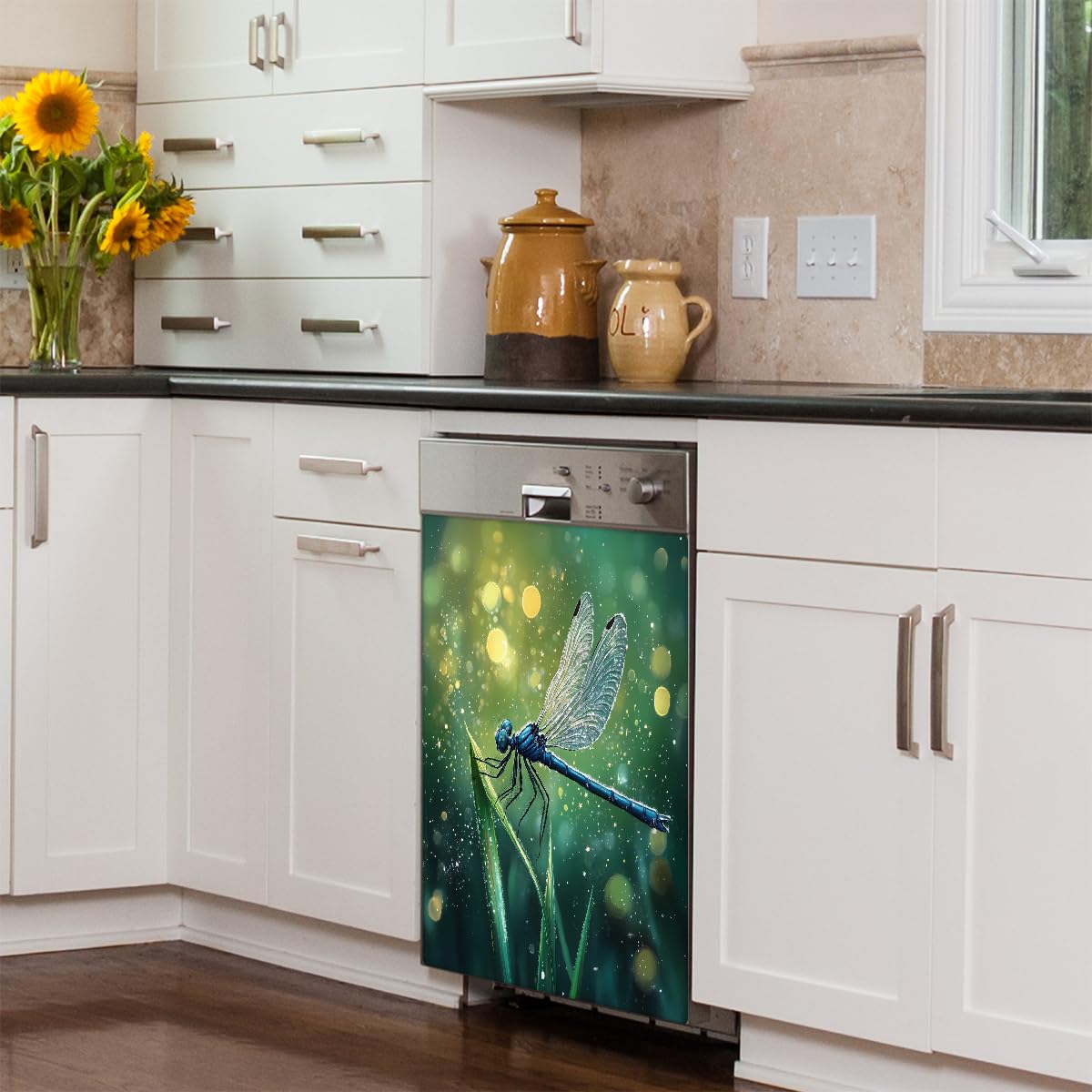 Mexpekil Magnetabdeckung für Geschirrspüler, Motiv: Sommerlibelle, 53,3 x 66 cm, dekorativ, wasserdicht, für Geschirrspüler, magnetischer Aufkleber für Küchengeräte