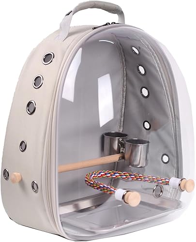 Mochila para pájaros con soporte de perca, vasos de agua para alimentos, cápsula espacial de astronauta, ventana de burbujas transparente, mochila