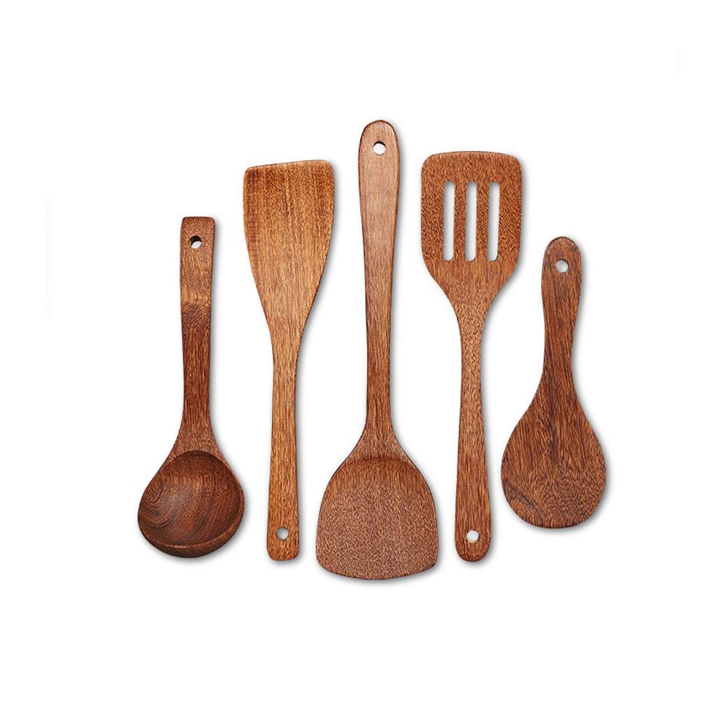 Spachtel für die Küche Pfannenwender Küchenutensilien aus Holz Set, 5pcs Kochen Werkzeuge Non Kratz- und Hitzebeständige, Holzspatel Schützen Sie Ihre Pfannen School of Wok Wok Spatel