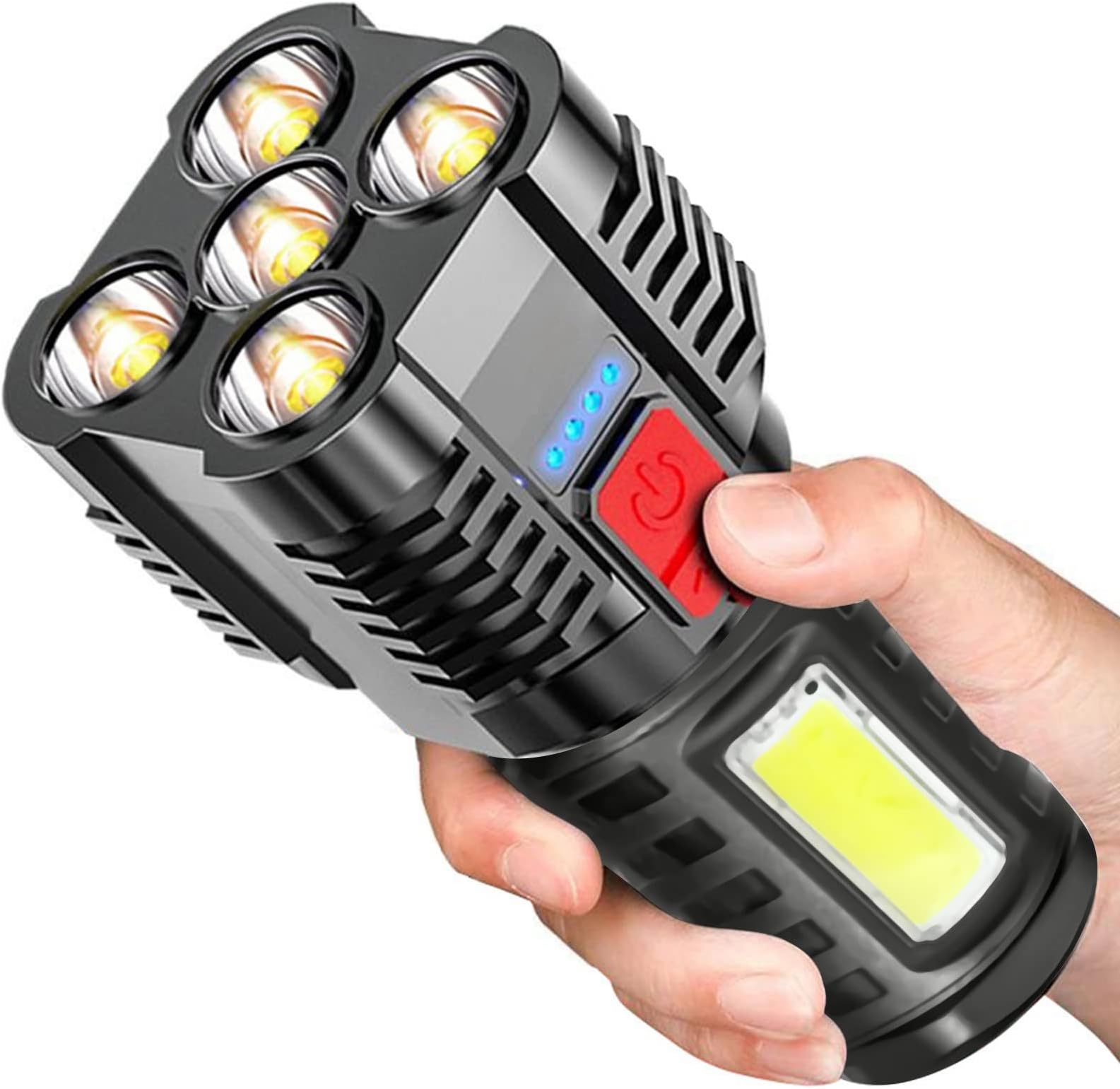 Five LED Rechargeable Flashlights, 4 Modes & Power Display Waterproof Flashlight, Multifunctional Flashlight with Side Lights for Camping, Hiking, Cycling, Fishing, Emergency #