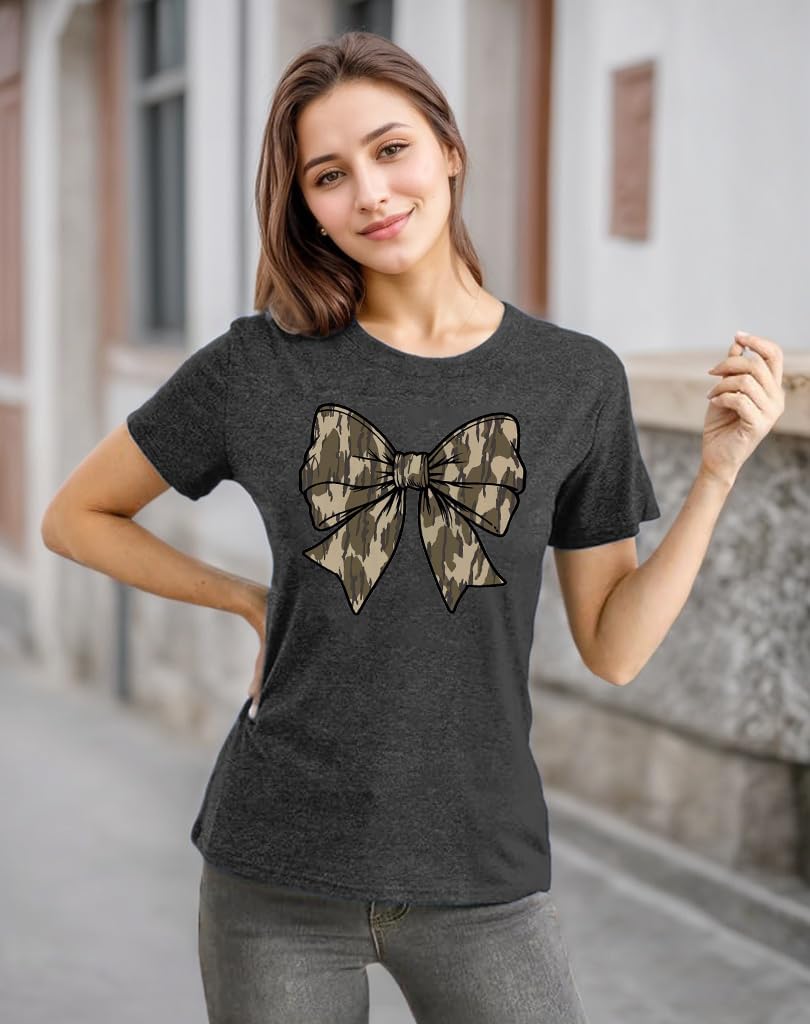 Camo Bow Shirts for Women Bow Print Short Sleeve Tee Camouflage Old Shirt Camo Coquette Tshirt - Image 3