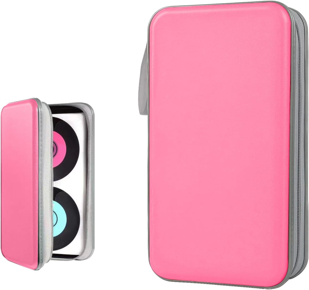 Car CD DVD Case, 96 Capacity Hard Plastic CD Holder, Portable Zipper DVD Disc Organizer Storage Wallet with Closure and Handy Strap, Car Accessories for Home Office Travel (Pink)