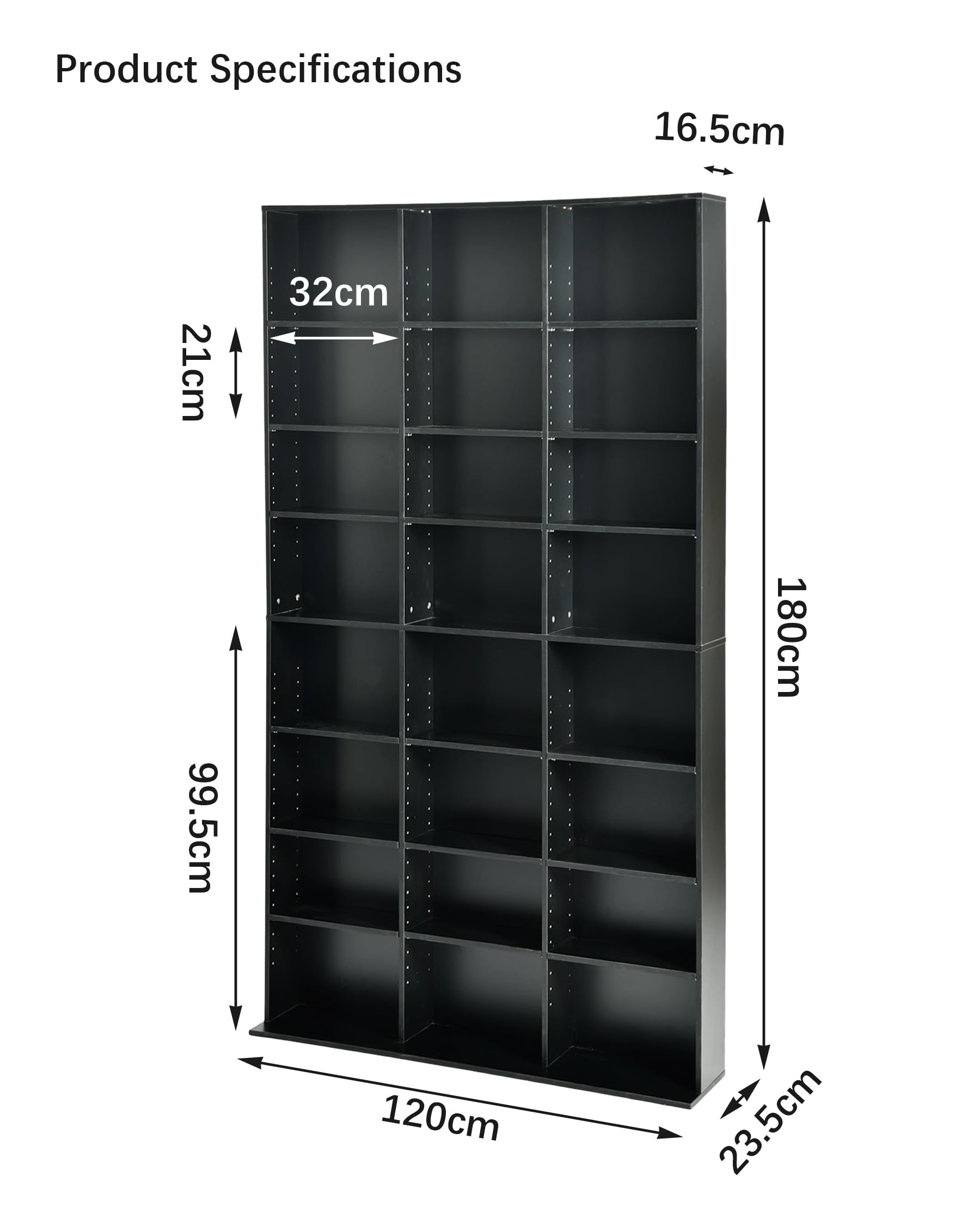 Bibliothèque étagère CD avec 22 compartiments – rangement DVD, étagères réglables, anti-basculement, MDF noir – pour CD, DVD, livres – meuble de rangement