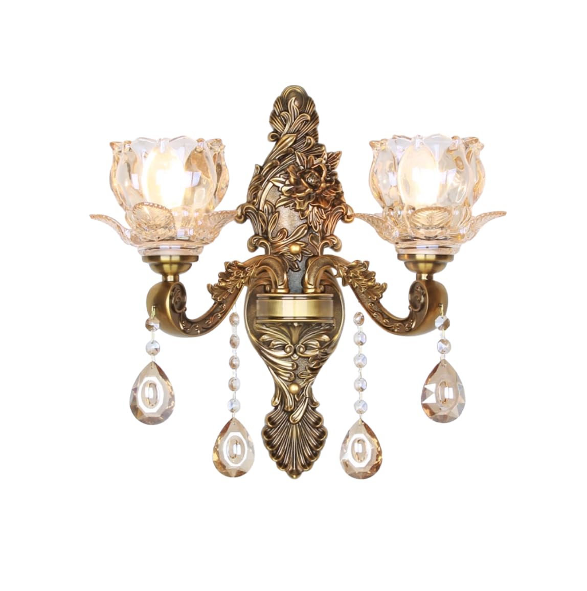 Applique da Parete in Cristallo con Finitura in Ottone Vintage - Lampada da Parete in Vetro Floreale vittoriana a 2 luci per Illuminazione di Bagno, Camera da Letto, Soggiorno e corridoio