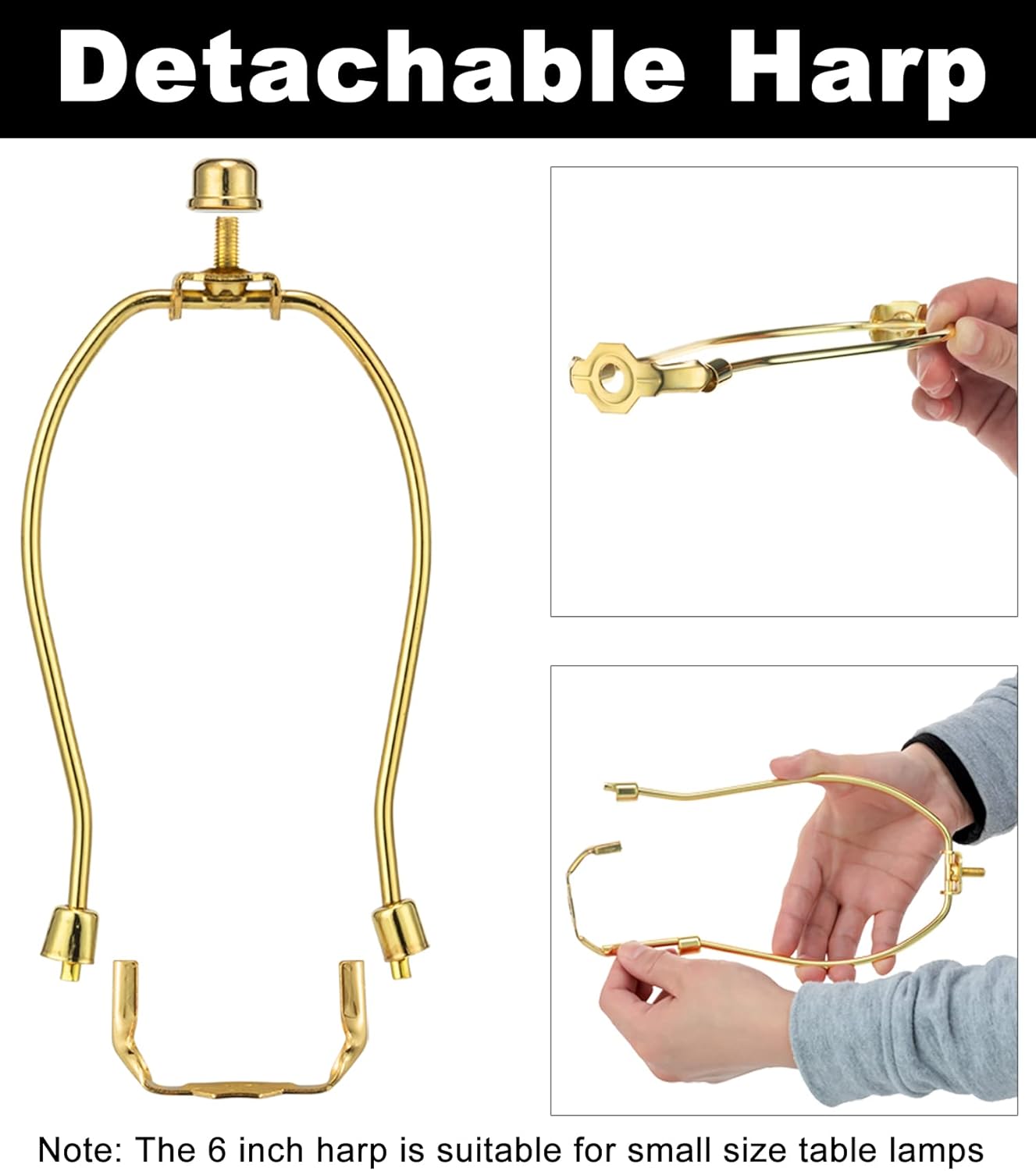 Lamp Harp 6 Inch, 2 Set Detachable LampShade Harp for Table and Floor Lamps, Heavy Duty Lamp Brackets with 3/8 Standard Saddle and Finials (Polished Brass)