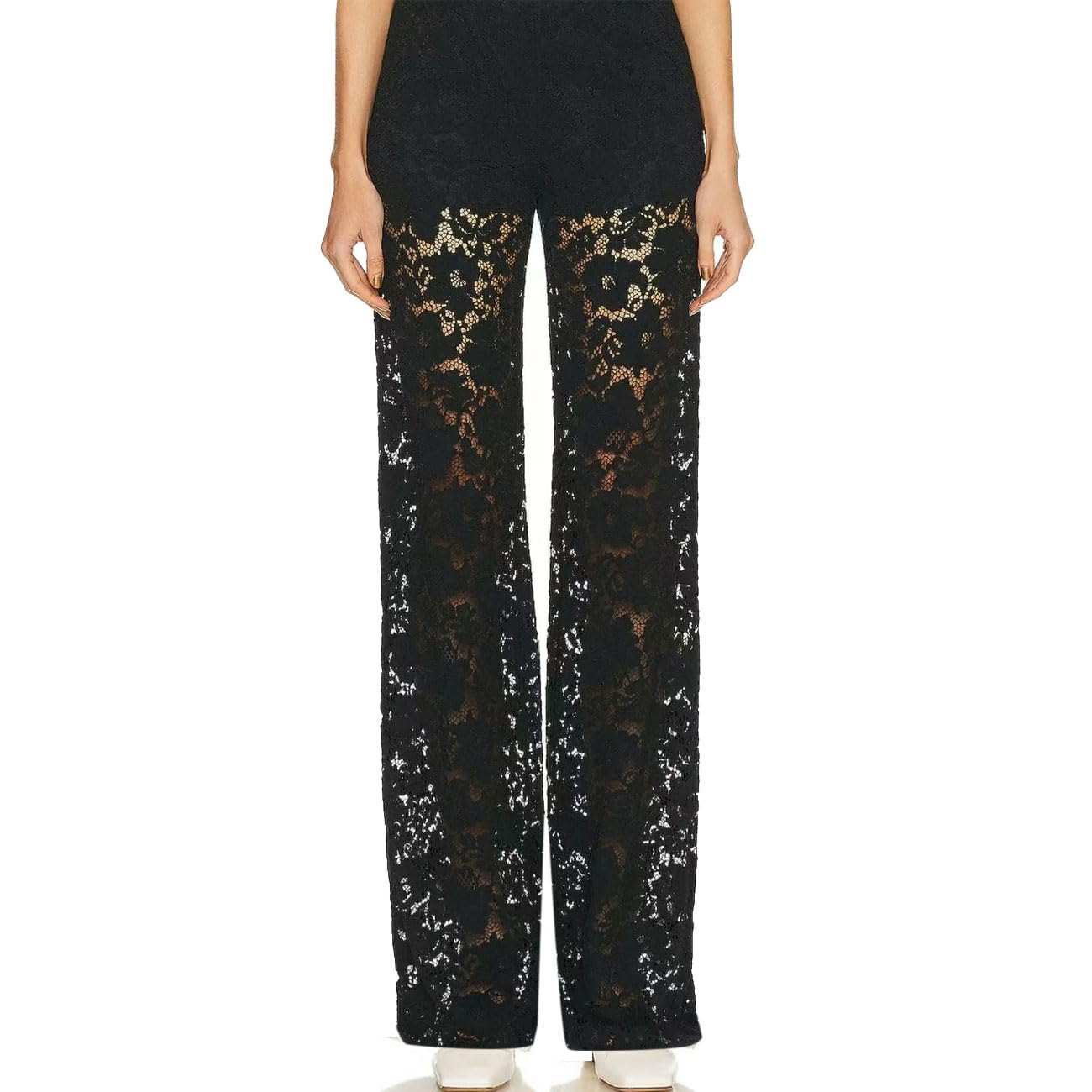Donna Y2K Pantaloni Trasparenti Ricamati con Vita Alta e Gamba Dritta Elastico in Vita Pantaloni Mesh Street Rave per Discoteca, Clubbing, Festa, Nero, M