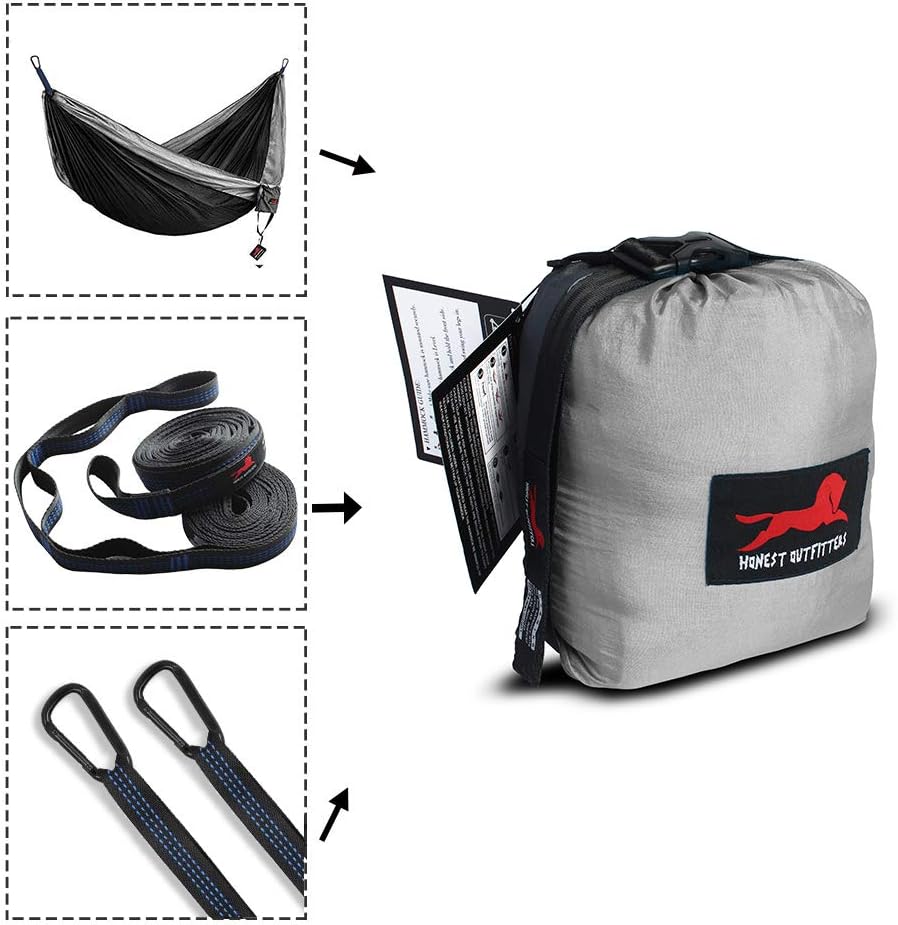 HONEST OUTFITTERS Single Camping Hammock with Basic Hammock Tree Straps,Portable Parachute Nylon Hammock for Backpacking Travel Black/Grey 55" W x 108" L : Sports & Outdoors