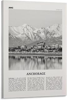 Anchorage Print Black And White, Anchorage Wall Art, Anchorage Poster, Anchorage Photo, Anchorage Wall Décor, Alaska, USA, United States Canvas Wall Art Poster Ready to Hang Framed 12x18inch