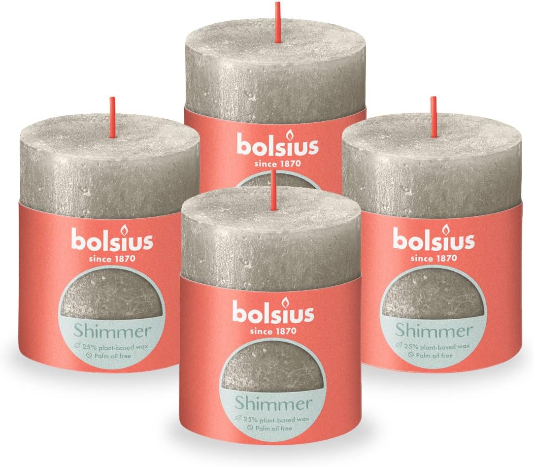 BOLSIUS - Rustic Pillar Candle Shimmer - Red - 8cm - Pack 4 - Non Drip - Non Scented Candles