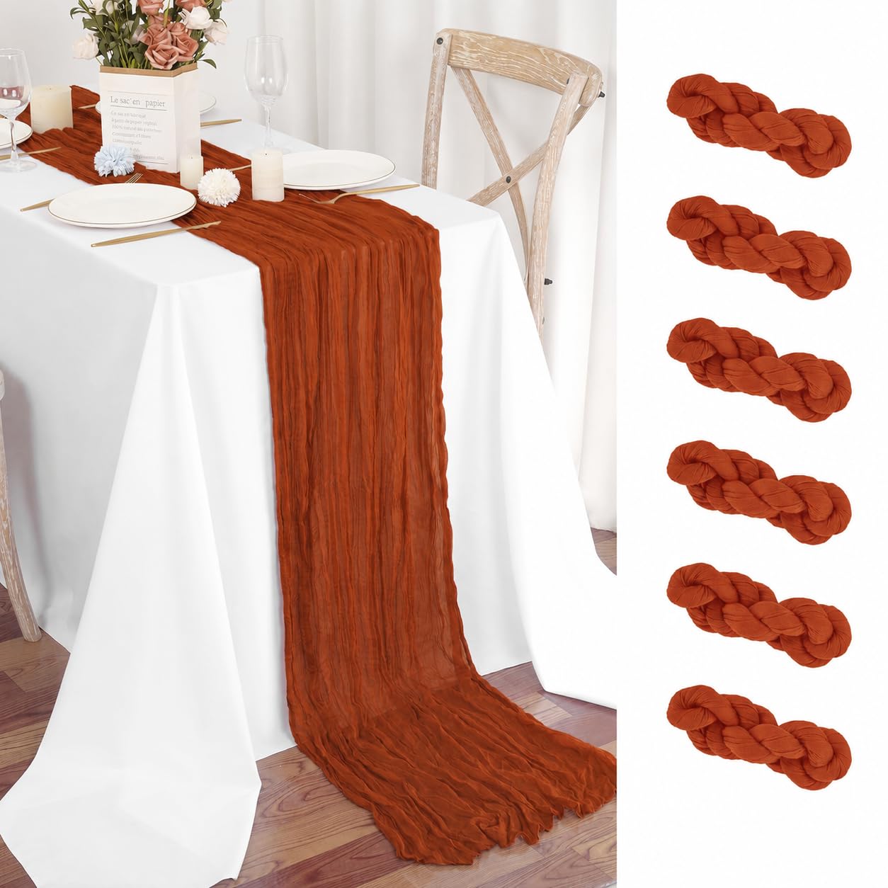 Teruntrue 6 Pack Terracotta Cheesecloth Table Runner 55x300 cm Boho Gauze Cheese Cloth Table Runner for Wedding Party Baby Bridal Shower Birthday Decorations — image 1