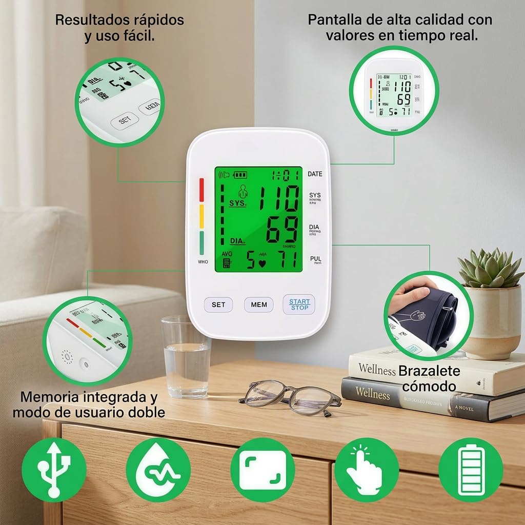 Oryzon Blood Pressure Monitor V1 Pro – Tensiómetro de Brazo Digital con Pantalla LCD Detección Arritmias Manguito Ajustable USB y Pilas para Control Diario