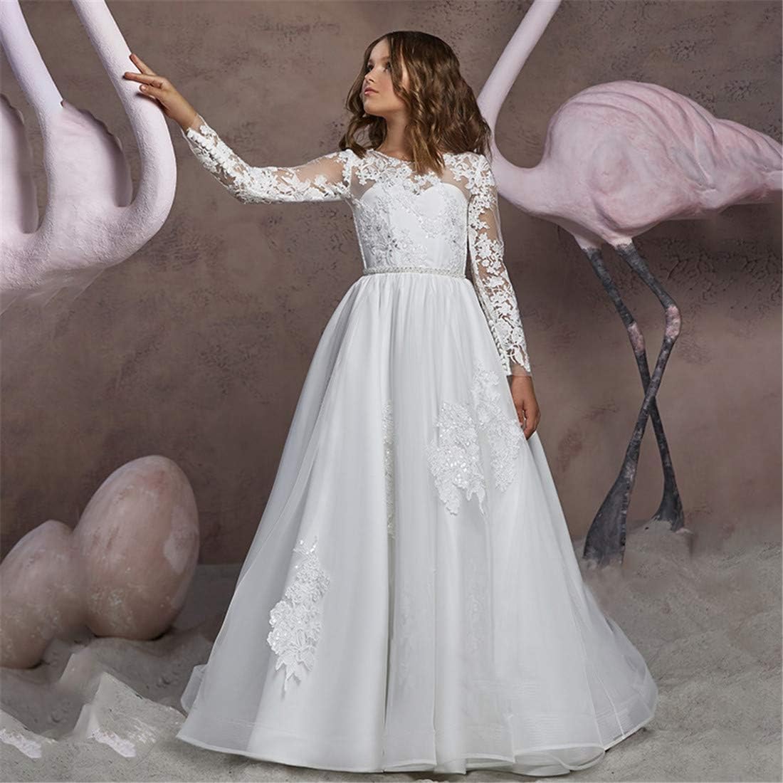 LECOYOYO Pizzo Ricamo Fiore Ragazza Abiti Tulle Manica Lunga Primo Comunione Abiti