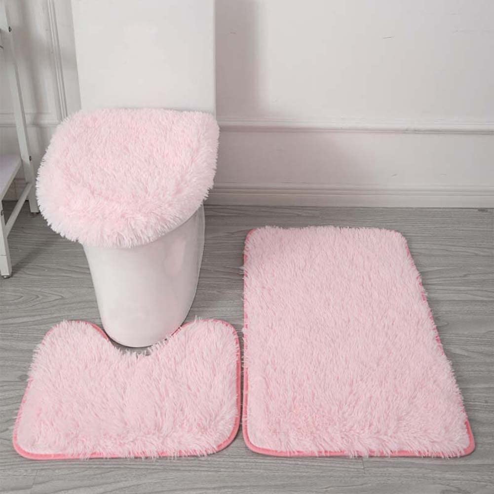 AYGCI Bathroom Rug Set of 3 Bath Mats Bath Set Bathroom Rugs Soft Anti Slip Soft Mats U-Shaped Contour Toilet Rug Bathmat and Toilet Lid Cover Pink