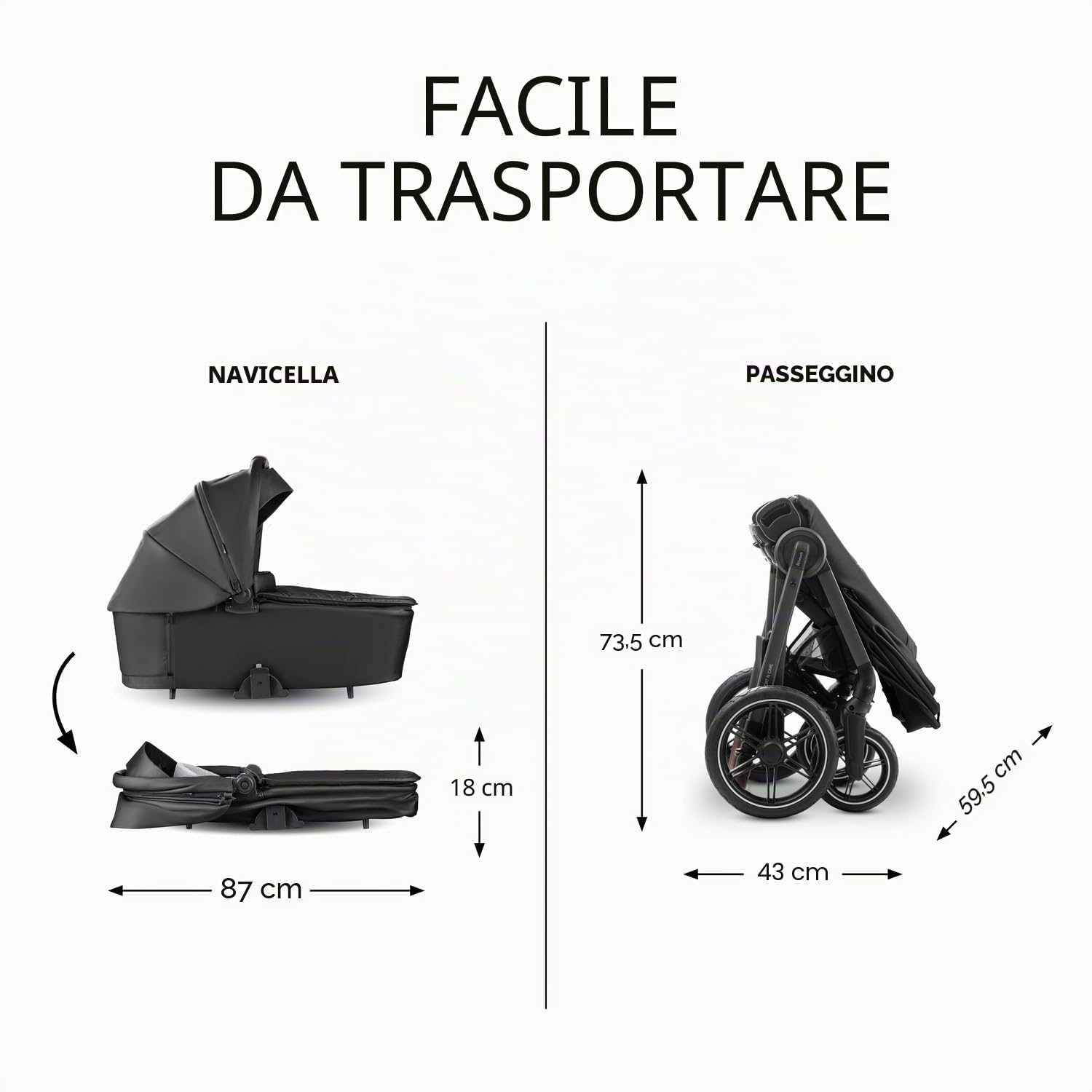 hauck Comfort N Care Set, Black - Passeggino 2in1 con Ruote di Gomma, Navicella Neonato con Pulsanti Memoria, Seduta Reversibile Reclinabile fino a 22 kg, Coprigambe, Portabibite, Sospensione