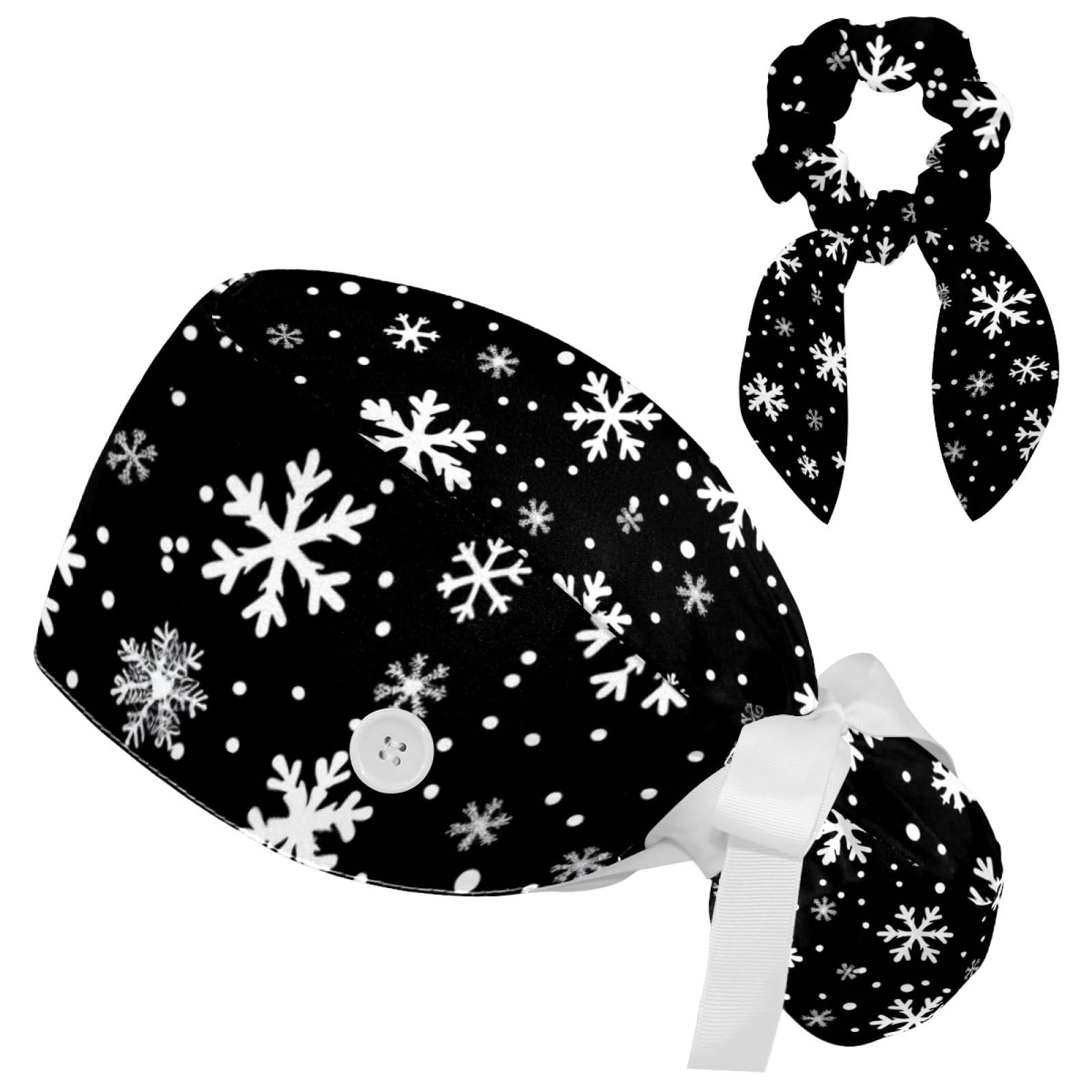 Adjustable Winter Blue Snowflake Surgical Scrub Cap with Button, Ponytail Pouch, Sweatband for Women with Bow Hair Scrunchy