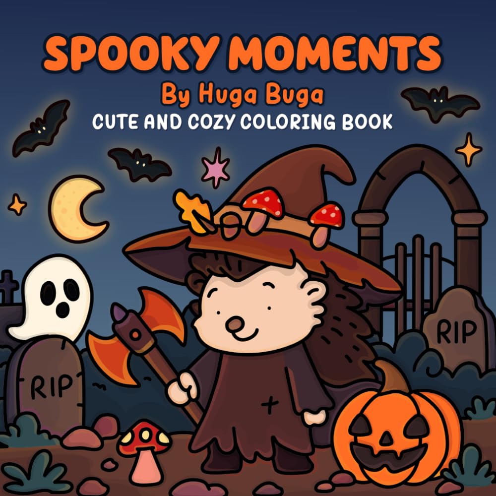 Spooky moments: Halloween Coloring book for adults and teens features cute and cozy characters and spooky cute scenes. 40 bold and easy pages for relaxation and hygge