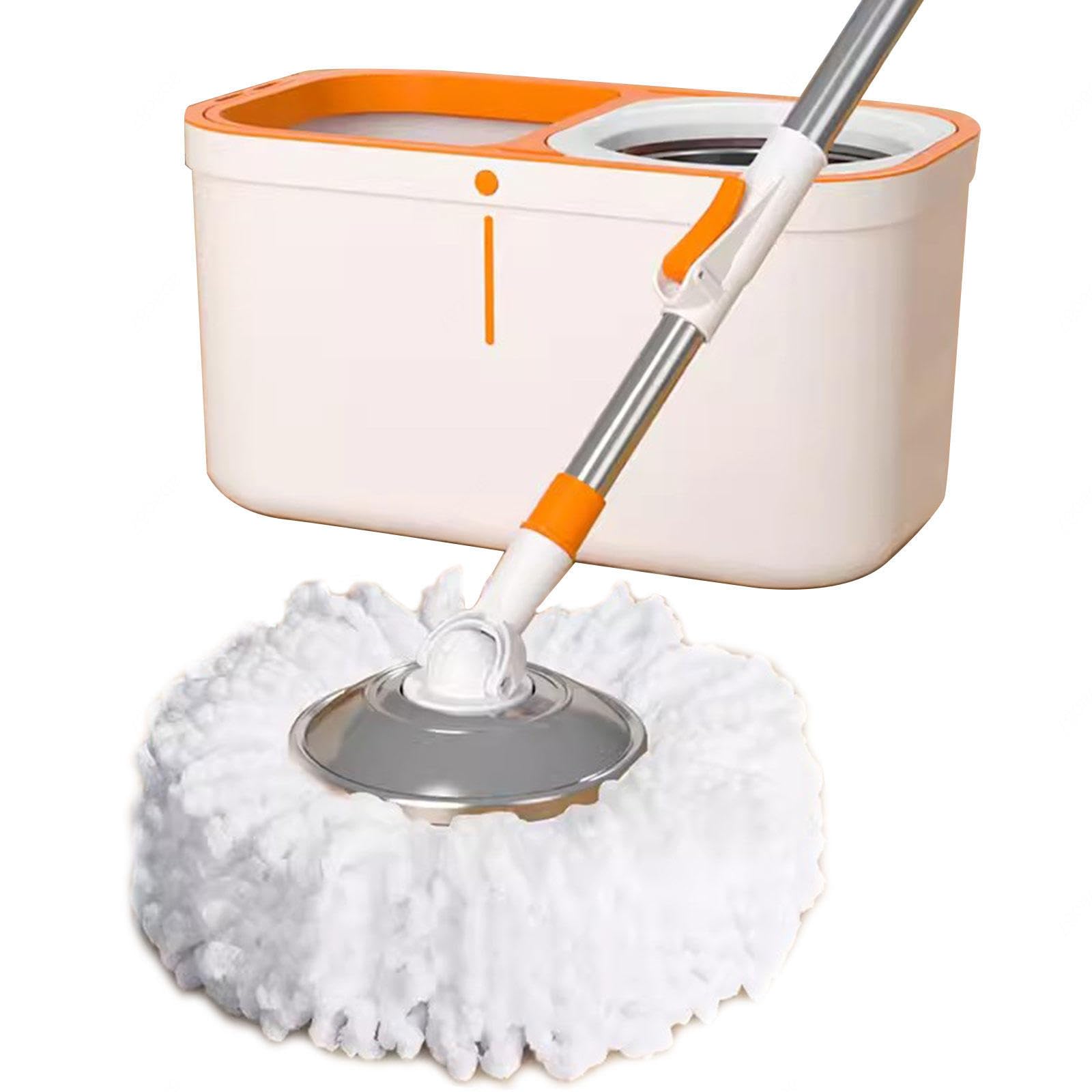 Este Juego de fregona y Cubo Giratorio de 360° con escurridor Incluye 5 recambios de Cabezales de Microfibra, 1 Cepillo para Suelos y un Sistema de fregona y Cubo Giratorio de Acero inoxidab