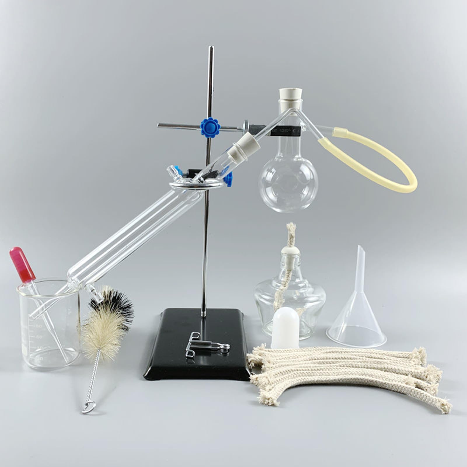 Piccolo set di apparecchi per la distillazione domestica - per la produzione di oli essenziali, distillazione chimica in vetro, kit di vetreria da laboratorio