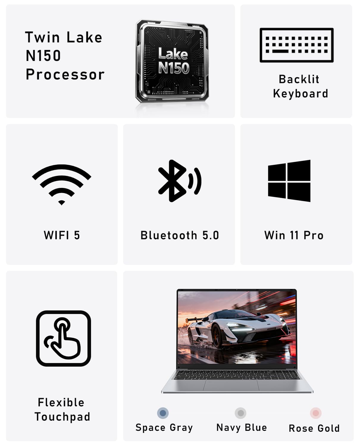 FUNYET 2025 PC Portatile 16'' Celeron N150 Core 3.6GHz Laptop 16 GB RAM 1 TB SSD Win 11 Pro 6000mAh Battery Notebook FHD 1920×1200 USB 3.0 BT 5.0 WIFI 5 HDMI Tastiera Retroilluminata-Grigio Spaziale