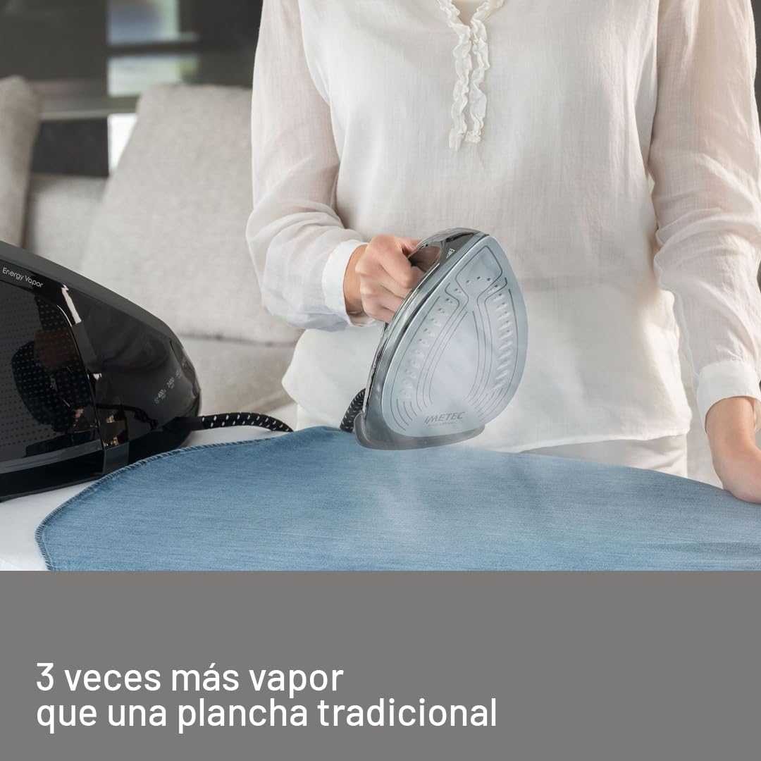 Imetec Energy Vapor Plancha con Generador de Vapor, Bomba de 6,5 BAR, 400 g de Vapor, 2400 W, Suela Fluid Ceramic, Bloqueo de la Plancha, Apagado Automático, Dispositivo de Limpieza, Tecnología ECO