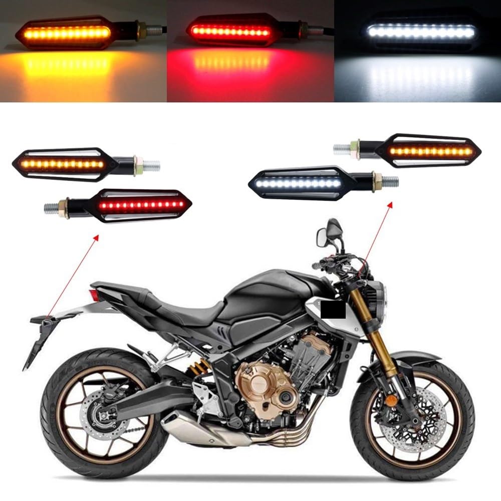 giro Luces Intermitente universal para motocicleta, luz de freno blanca DRL/roja + intermitente agua corriente, LED amarilla